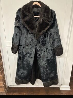 Vintage Black Real Fur Long Coat with Shawl Collar